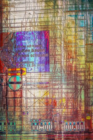 Das Bild zeigt eine abstrakte Abbildung der eingerüsteten Kreuzkirche in Bad Kreuznach